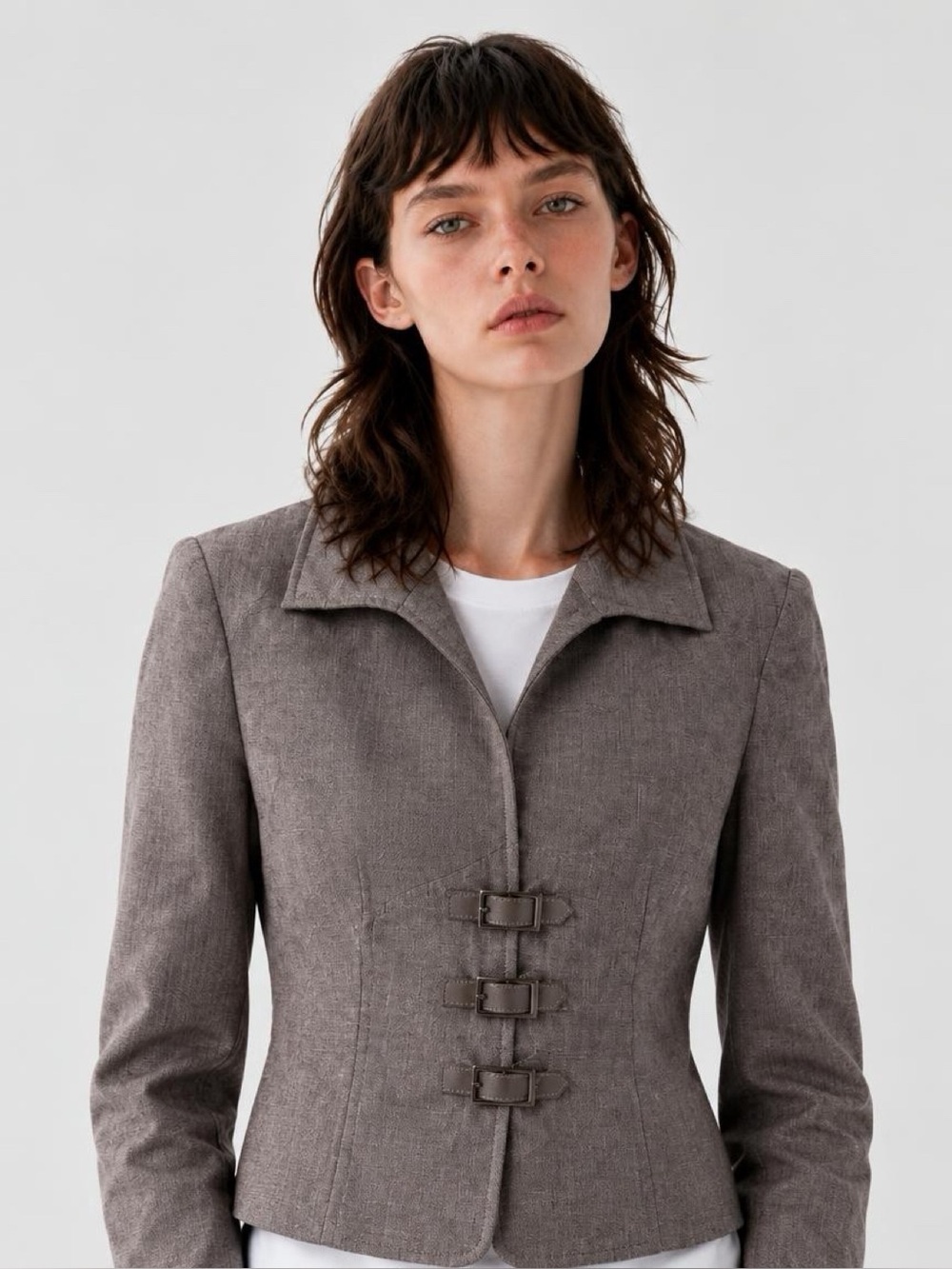 Carlisle Taupe-Brown Buckle Front Tailored Blazer